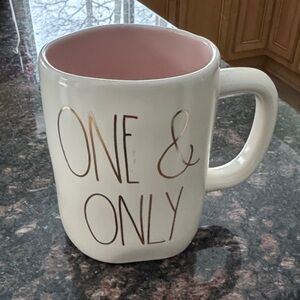 Rae Dunn White Mug with Pink Interior and Gold Lettering